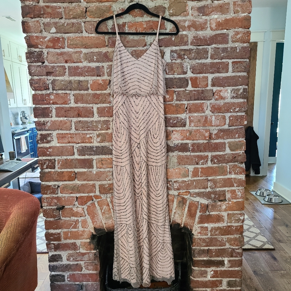 Adrianna Papell Women's Long Beaded Blouson Gown - Taupe/Pink